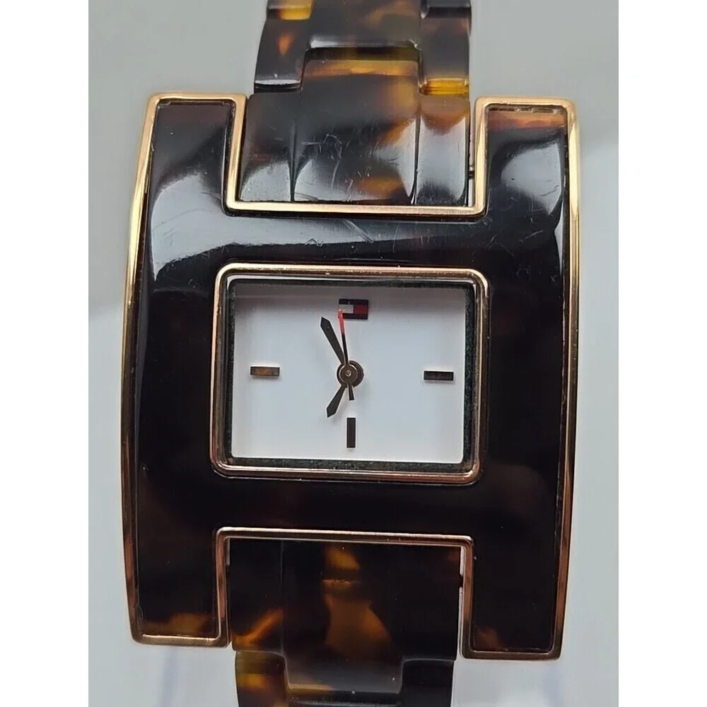 Tommy Hilfiger Womens Tortoise Shell Bracelet Watch Y2K Rose Gold New Battery